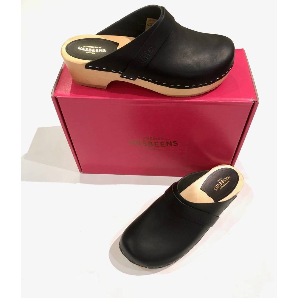 Swedish Hasbeens Black Leather Mules with Wooden Sole